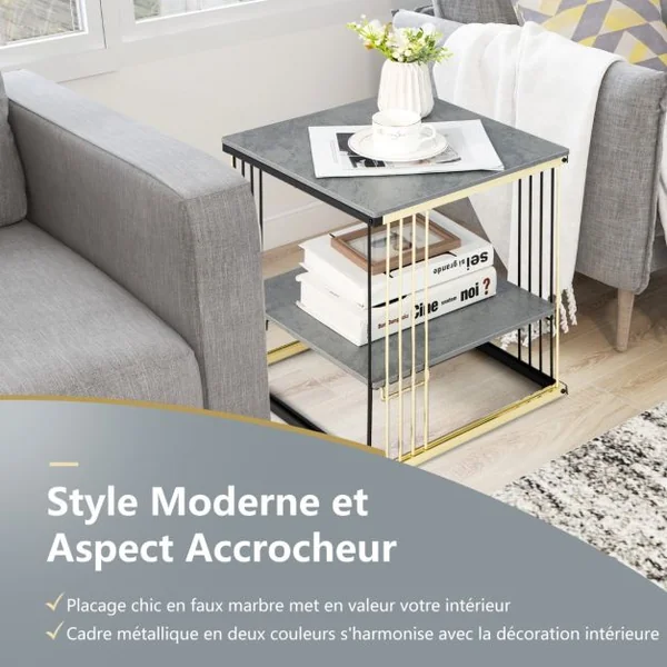 Table d’Appoint à 2 Niveaux 39 x 39 x 45 CM Cadre Métallique Doré Bout de Canapé avec Plateau Amovible