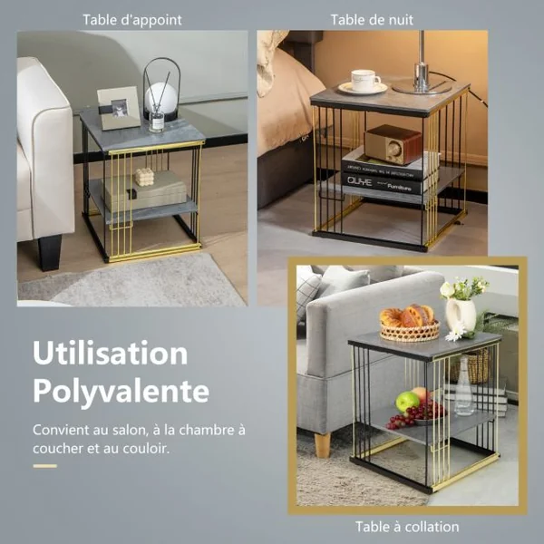 Table d’Appoint à 2 Niveaux 39 x 39 x 45 CM Cadre Métallique Doré Bout de Canapé avec Plateau Amovible