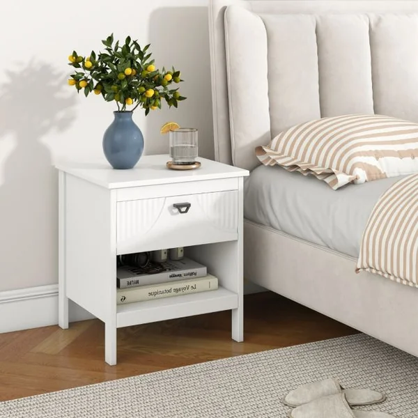 Table d’Appoint à 2 Niveaux avec Tiroir Table d’Appoint en Bois avec Etagère de Rangement Ouverte Table de Chevet à 2 Niveaux Blanc