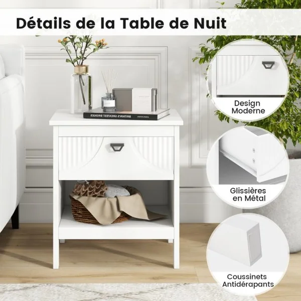Table d’Appoint à 2 Niveaux avec Tiroir Table d’Appoint en Bois avec Etagère de Rangement Ouverte Table de Chevet à 2 Niveaux Blanc