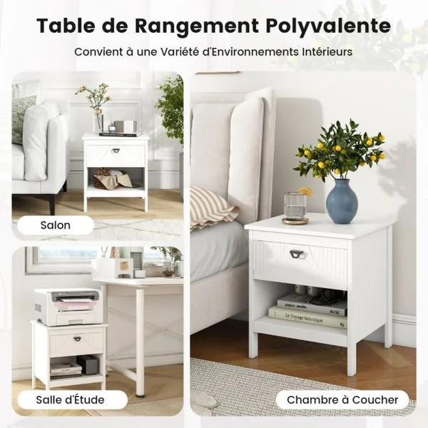Table d’Appoint à 2 Niveaux avec Tiroir Table d’Appoint en Bois avec Etagère de Rangement Ouverte Table de Chevet à 2 Niveaux Blanc
