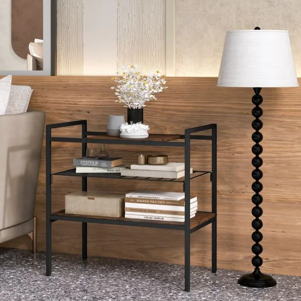 Table d'Appoint à 3 Niveaux Bout de Canapé Style Industriel Cadre en Méta Étagère en Maille 60 x 33,5 x 61 CM Brun rustique