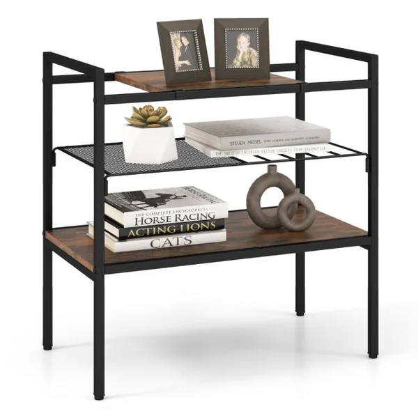Table d'Appoint à 3 Niveaux Bout de Canapé Style Industriel Cadre en Méta Étagère en Maille 60 x 33,5 x 61 CM Brun rustique