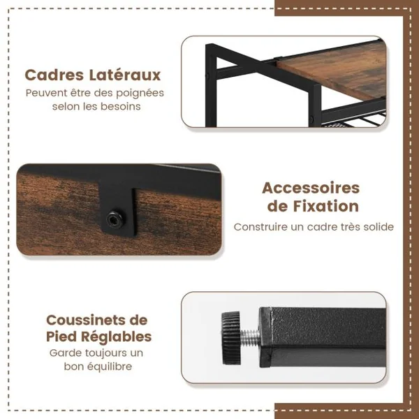 Table d'Appoint à 3 Niveaux Bout de Canapé Style Industriel Cadre en Méta Étagère en Maille 60 x 33,5 x 61 CM Brun rustique