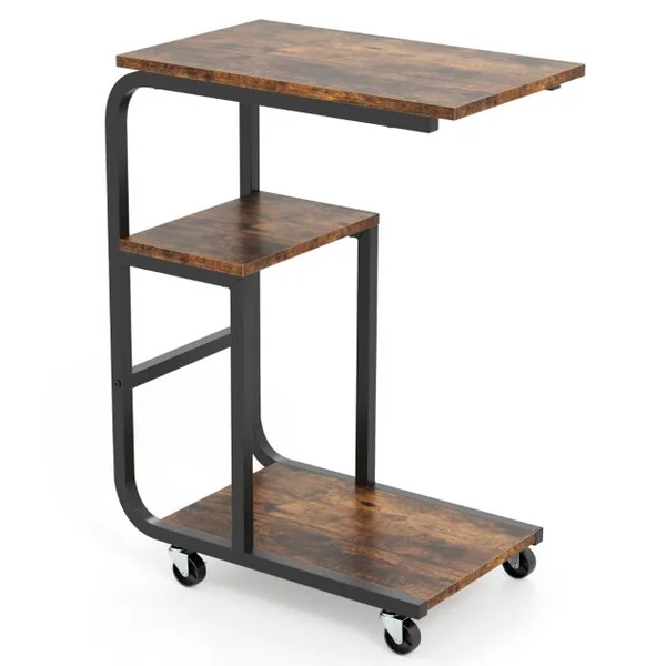 Table d’Appoint/Lot de 2 Table d’Appoint Industrielle en Forme de ‘C’ Table de Canapé Peu Encombrante Etagères Ouvertes Marron Rustique