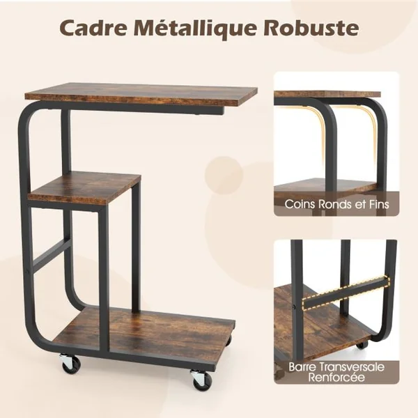 Table d’Appoint/Lot de 2 Table d’Appoint Industrielle en Forme de ‘C’ Table de Canapé Peu Encombrante Etagères Ouvertes Marron Rustique
