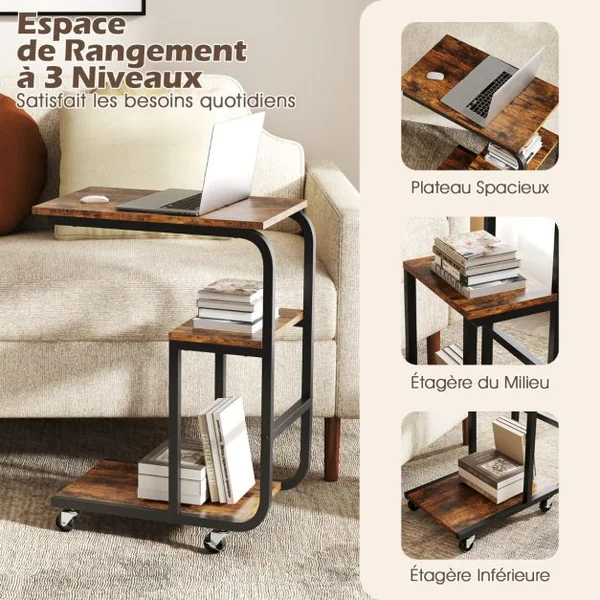 Table d’Appoint/Lot de 2 Table d’Appoint Industrielle en Forme de ‘C’ Table de Canapé Peu Encombrante Etagères Ouvertes Marron Rustique