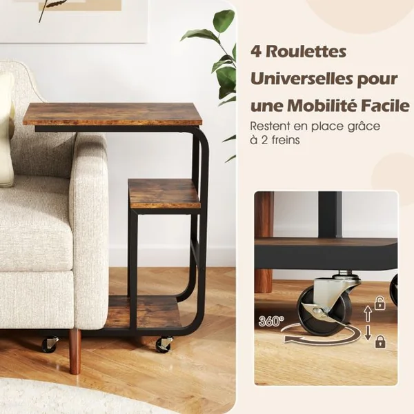 Table d’Appoint/Lot de 2 Table d’Appoint Industrielle en Forme de ‘C’ Table de Canapé Peu Encombrante Etagères Ouvertes Marron Rustique
