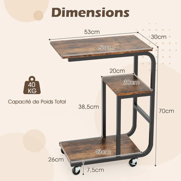 Table d’Appoint/Lot de 2 Table d’Appoint Industrielle en Forme de ‘C’ Table de Canapé Peu Encombrante Etagères Ouvertes Marron Rustique