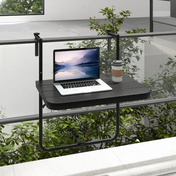 Table de Balcon Suspendue en HIPS et Métal Pliable avec Hauteur Réglable à 3 Niveaux Revêtement Antirouille Charge 30KG Noir/Marron