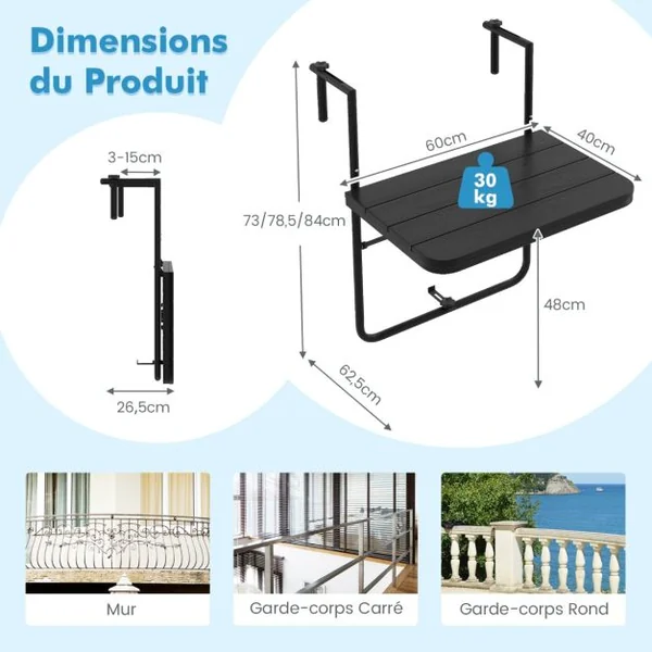 Table de Balcon Suspendue en HIPS et Métal Pliable avec Hauteur Réglable à 3 Niveaux Revêtement Antirouille Charge 30KG Noir/Marron