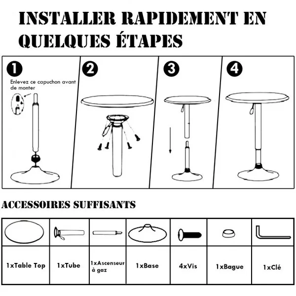 Table de Bar Haute Ronde 60 Cm Style Scandinave Motif Marbré Hauteur Réglable Capacité 120kg en Mdf+Fer 60x60x71-91cm