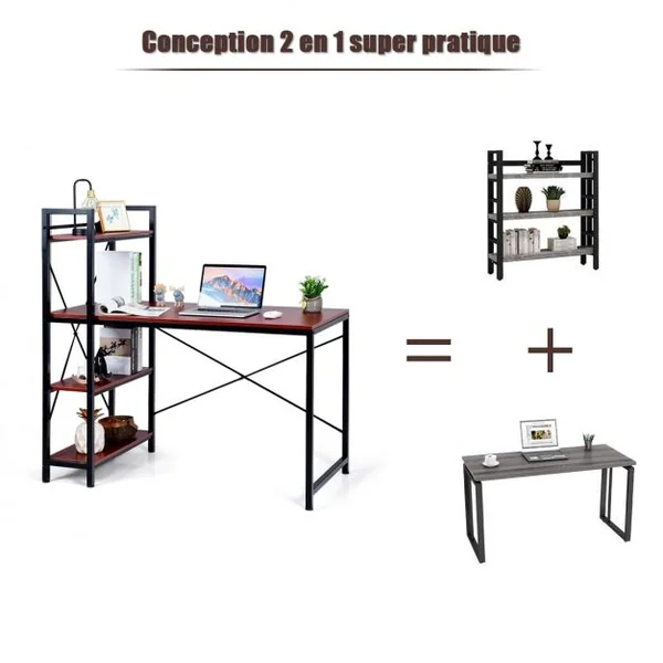 Table de Bureau avec Etagère Ajustable Capacité de Support 110kg 120,5 x 61 x 122cm Brun