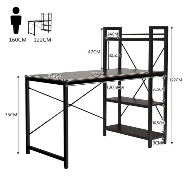 Table de Bureau avec Etagère Ajustable Capacité de Support 110kg 120,5 x 61 x 122cm Marron