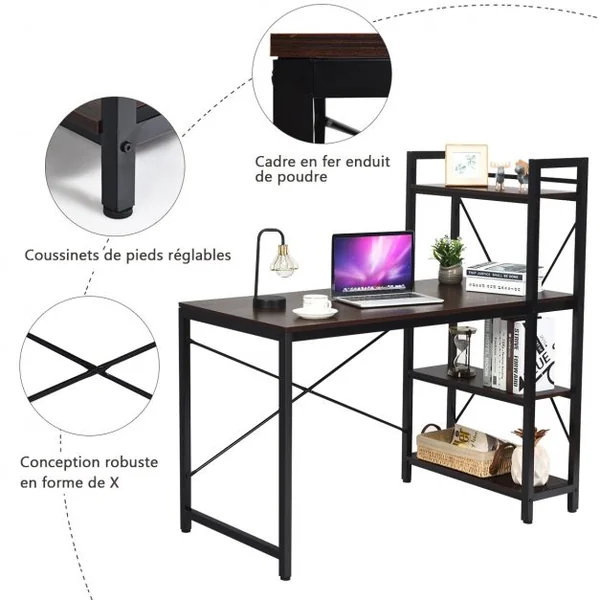 Table de Bureau avec Etagère Ajustable Capacité de Support 110kg 120,5 x 61 x 122cm Marron