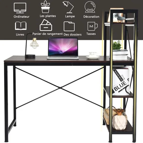 Table de Bureau avec Etagère Ajustable Capacité de Support 110kg 120,5 x 61 x 122cm Marron