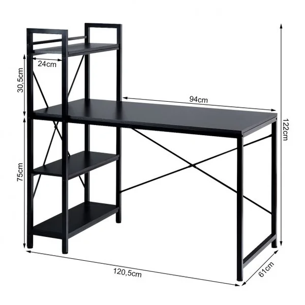 Table de Bureau avec Etagère Ajustable Capacité de Support 110kg 120,5 x 61 x 122cm Noir