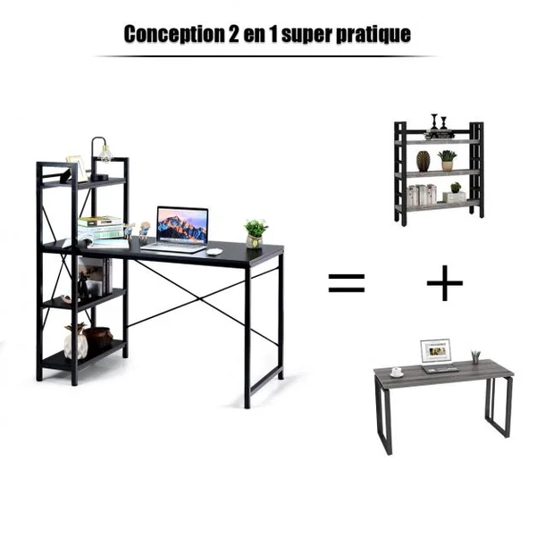 Table de Bureau avec Etagère Ajustable Capacité de Support 110kg 120,5 x 61 x 122cm Noir
