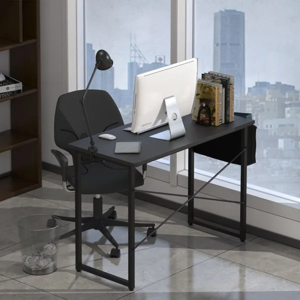 Table de Bureau de Travail avec Porte-documents Latéral 102x51x76CM Style Industriel Noir