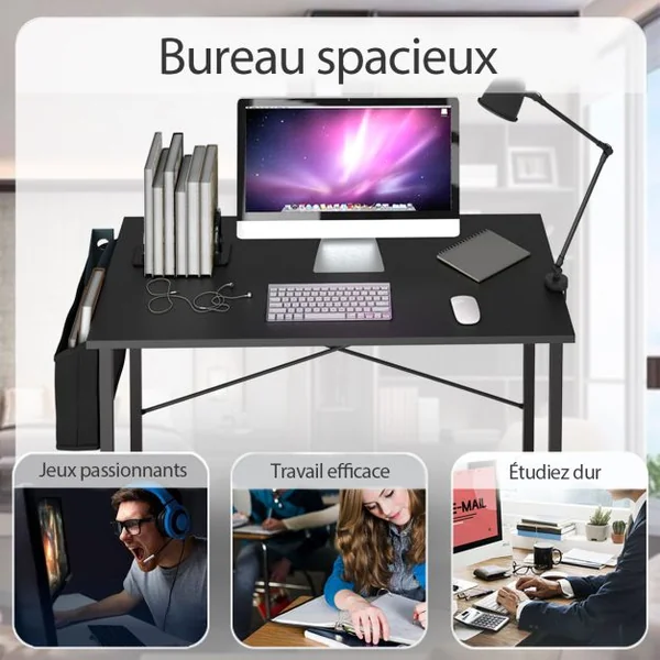 Table de Bureau de Travail avec Porte-documents Latéral 102x51x76CM Style Industriel Noir