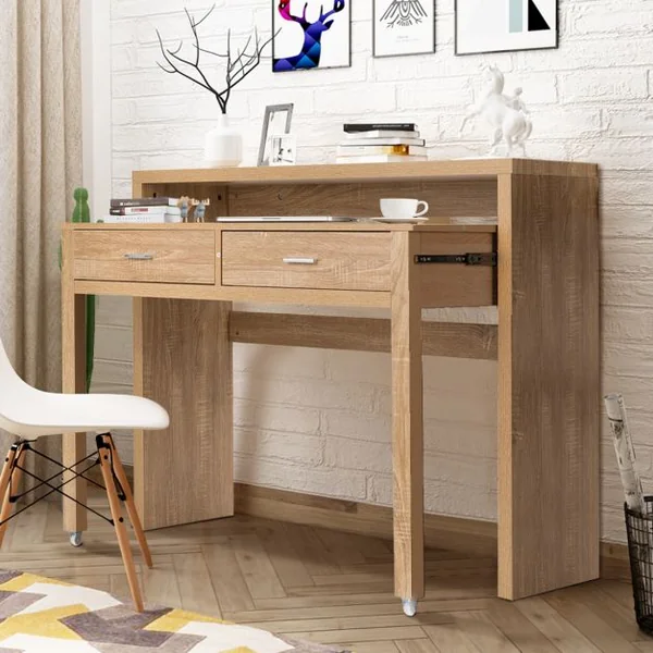 Table de Bureau à Rallonges peut Transformer Comme Console Extensible avec 2 Tiroirs en Bois Multifonctionelle