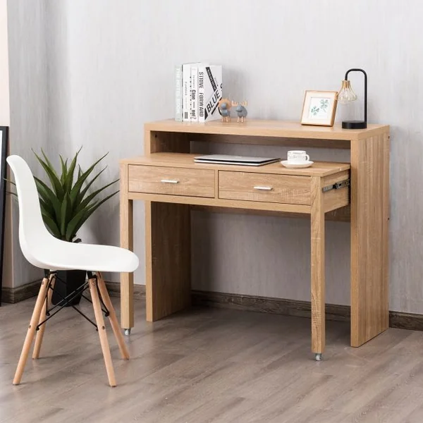 Table de Bureau à Rallonges peut Transformer Comme Console Extensible avec 2 Tiroirs en Bois Multifonctionelle