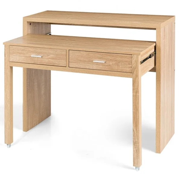 Table de Bureau à Rallonges peut Transformer Comme Console Extensible avec 2 Tiroirs en Bois Multifonctionelle