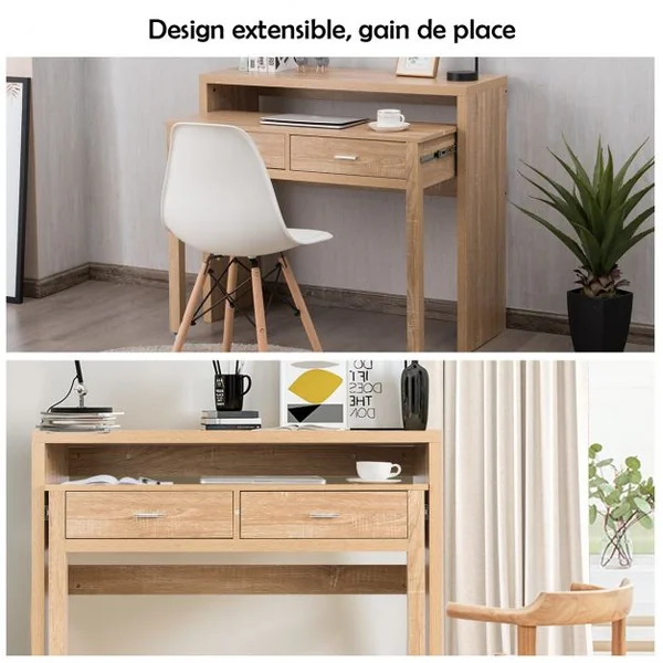 Table de Bureau à Rallonges peut Transformer Comme Console Extensible avec 2 Tiroirs en Bois Multifonctionelle