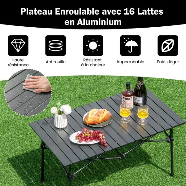 Table de Camping Pique-Nique Pliante en Aluminium 95x55x50 CM Table de Jardin Pliable 4 à 6 places avec Sac de Transport Noir