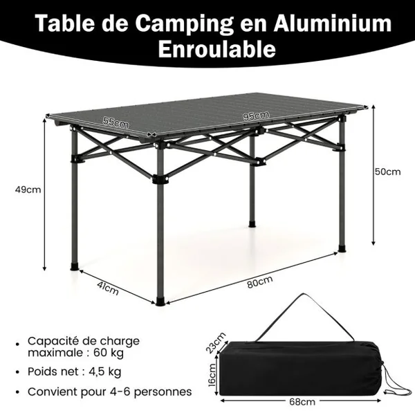 Table de Camping Pique-Nique Pliante en Aluminium 95x55x50 CM Table de Jardin Pliable 4 à 6 places avec Sac de Transport Noir