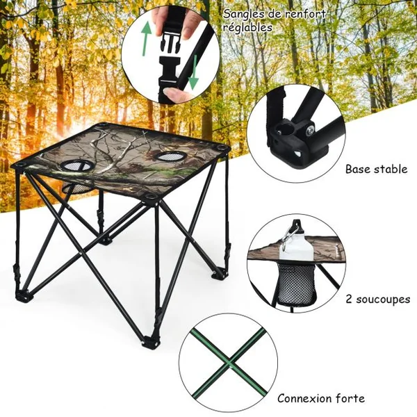 Table de Camping Pliable avec 2 Porte-gobelet Cadre en Acier avec Sac de Transport 47x47x45CM