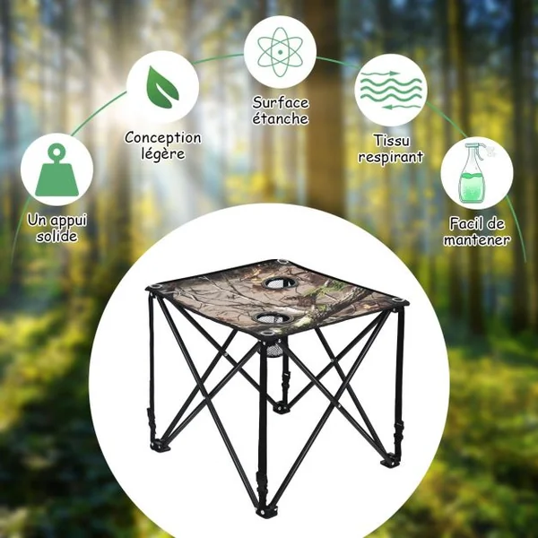 Table de Camping Pliable avec 2 Porte-gobelet Cadre en Acier avec Sac de Transport 47x47x45CM
