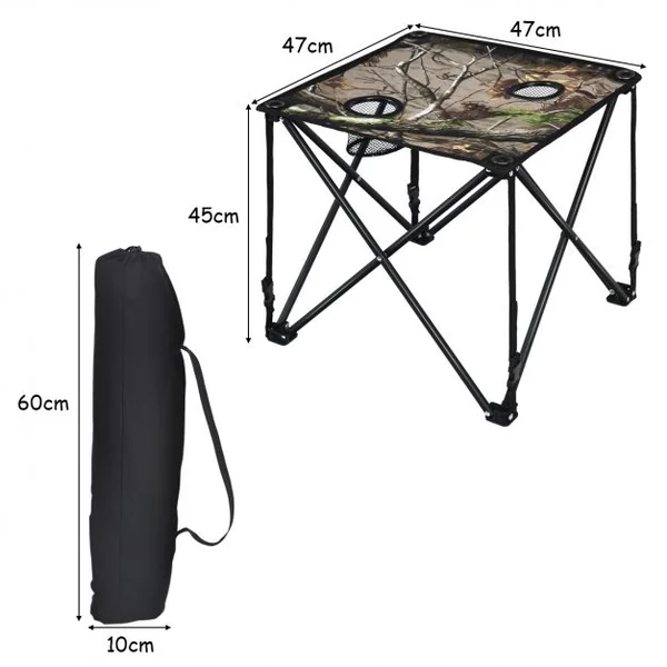 Table de Camping Pliable avec 2 Porte-gobelet Cadre en Acier avec Sac de Transport 47x47x45CM