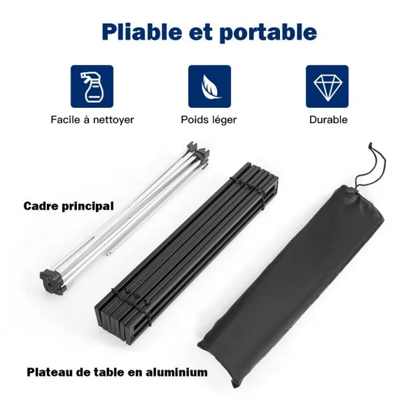 Table de Camping Pliable Table de Jardin avec Cadre en X Sac de Transport Capacité 25 KG en Aluminium 56x41x41cm Noir
