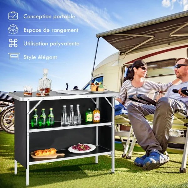 Table de camping pliante 110 x 38 x 88 cm en Aluminium Tissu Oxford 3 Étagères-Sac de Transport pour Pique-Nique Jardin Café/Noir