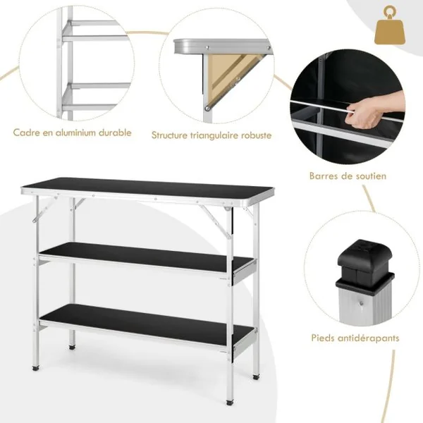 Table de camping pliante 110 x 38 x 88 cm en Aluminium Tissu Oxford 3 Étagères-Sac de Transport pour Pique-Nique Jardin Café/Noir
