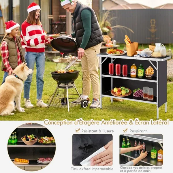 Table de camping pliante 110 x 38 x 88 cm en Aluminium Tissu Oxford 3 Étagères-Sac de Transport pour Pique-Nique Jardin Café/Noir