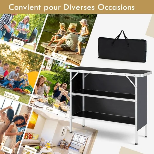 Table de camping pliante 110 x 38 x 88 cm en Aluminium Tissu Oxford 3 Étagères-Sac de Transport pour Pique-Nique Jardin Café/Noir