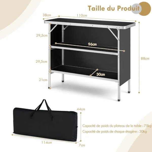 Table de camping pliante 110 x 38 x 88 cm en Aluminium Tissu Oxford 3 Étagères-Sac de Transport pour Pique-Nique Jardin Café/Noir