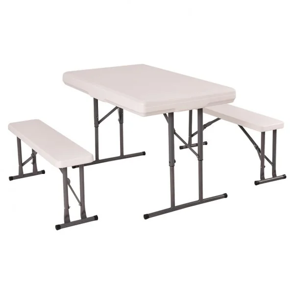 Table de Camping Pliante avec 2 Bancs Pliables pour Jardin Terrasse Table et Bancs d’Extérieur, 113x68x72cm, Blanc