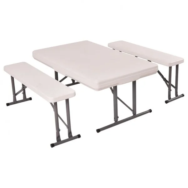 Table de Camping Pliante avec 2 Bancs Pliables pour Jardin Terrasse Table et Bancs d’Extérieur, 113x68x72cm, Blanc