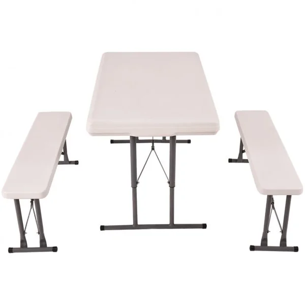 Table de Camping Pliante avec 2 Bancs Pliables pour Jardin Terrasse Table et Bancs d’Extérieur, 113x68x72cm, Blanc