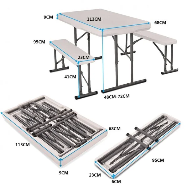 Table de Camping Pliante avec 2 Bancs Pliables pour Jardin Terrasse Table et Bancs d’Extérieur, 113x68x72cm, Blanc