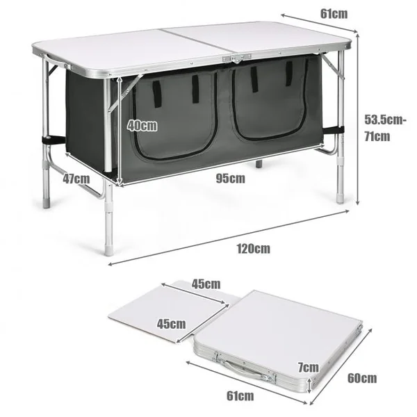 Table de Camping Pliante Compacte Réglable en Hauteur 2 Compartiments en tissu Oxford en Aluminium 120x60x54-70cm