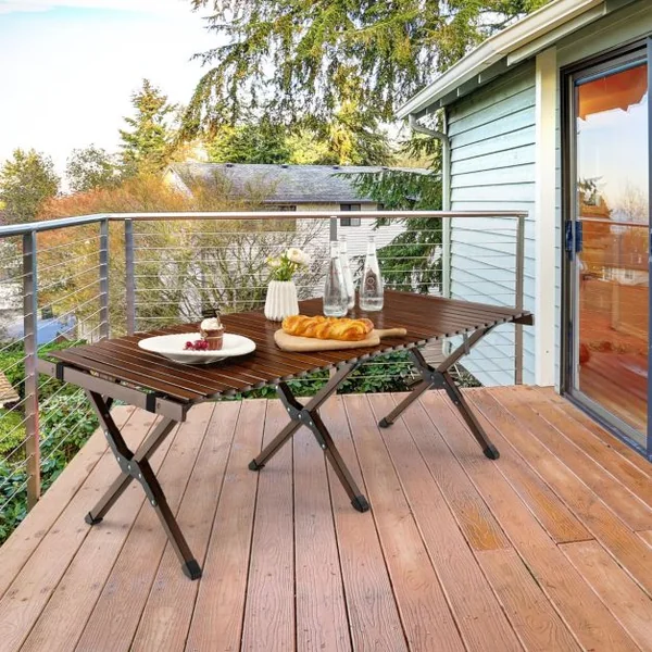 Table de Camping Pliante en Bambou à Latte Enroulable avec Sac de Transport Charge Max 50kg 122 x 60 x 43,5 cm Café/Naturel