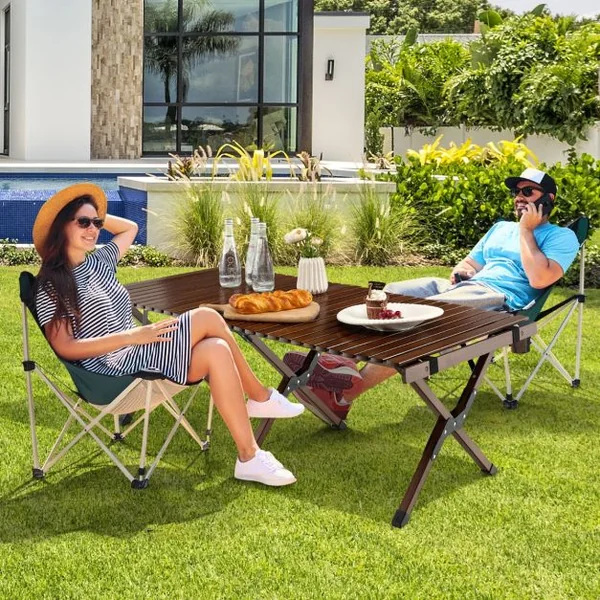 Table de Camping Pliante en Bambou à Latte Enroulable avec Sac de Transport Charge Max 50kg 122 x 60 x 43,5 cm Café/Naturel