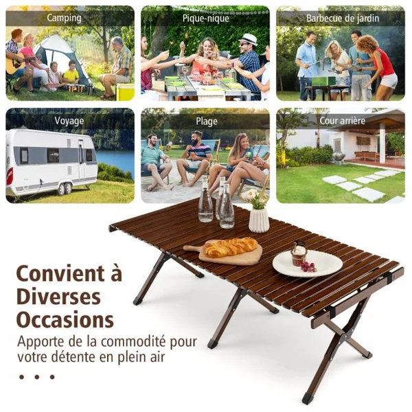Table de Camping Pliante en Bambou à Latte Enroulable avec Sac de Transport Charge Max 50kg 122 x 60 x 43,5 cm Café/Naturel