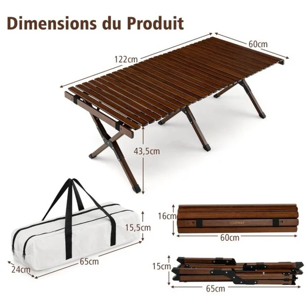 Table de Camping Pliante en Bambou à Latte Enroulable avec Sac de Transport Charge Max 50kg 122 x 60 x 43,5 cm Café/Naturel