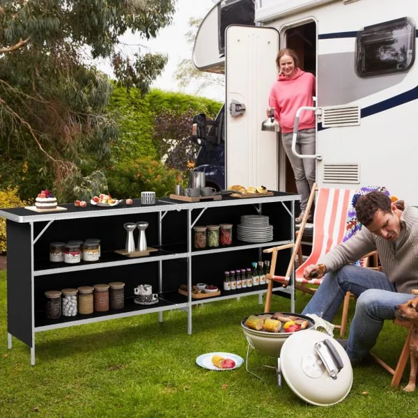 Table de Camping Pliante à 2 Niveaux Table de Pique-Nique en Aluminium avec Plateau Sac de Transport Charge Total 120KG 206x38x83cm Noir