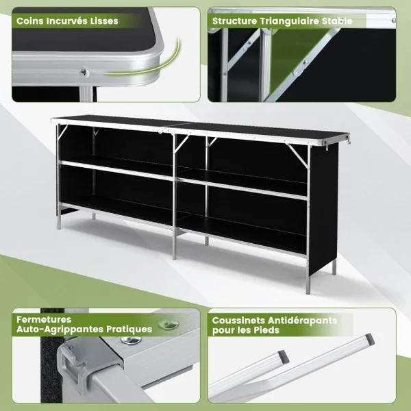 Table de Camping Pliante à 2 Niveaux Table de Pique-Nique en Aluminium avec Plateau Sac de Transport Charge Total 120KG 206x38x83cm Noir